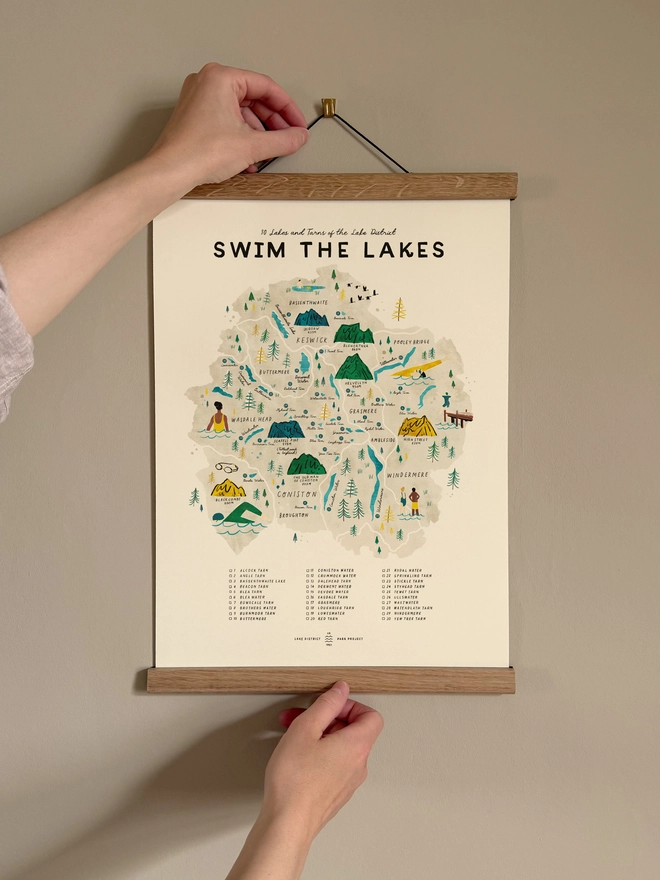 Swim the Lakes map print, framed, on a wall