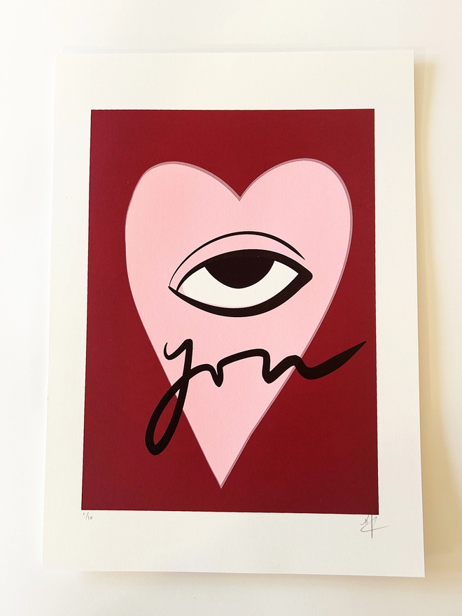 Eye Love You, Screen Printed by Hannah Carvell, Pink, Burgundy