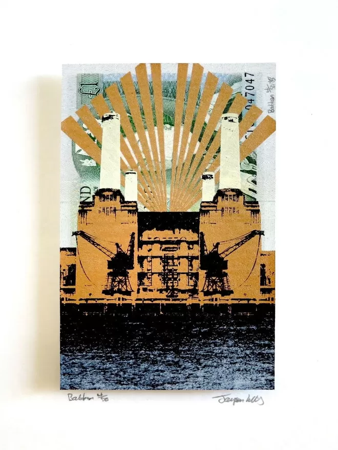 One Pound British Bank Note with image of Battersea Power Station printed on top of it 