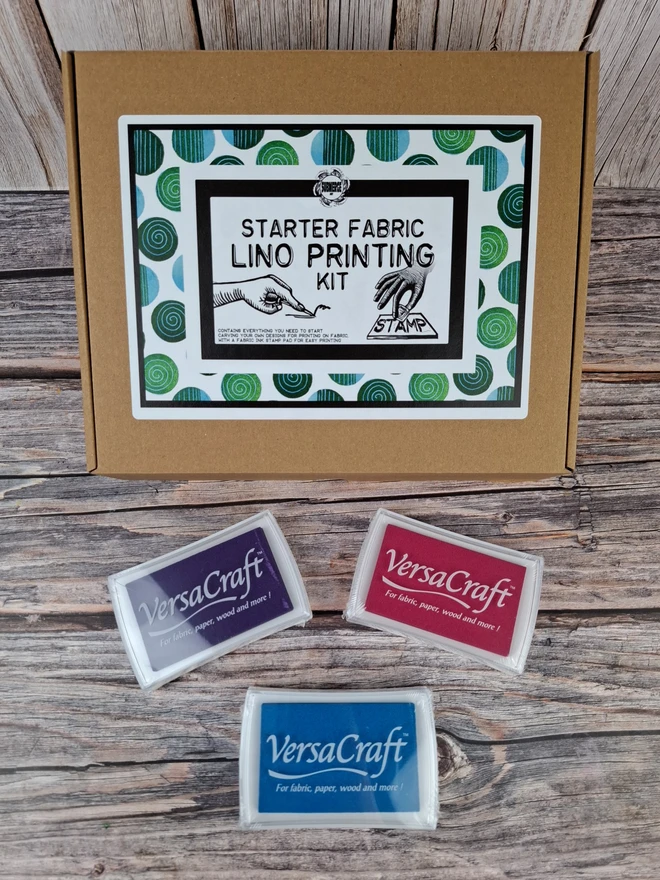 Basic Lino Fabric Carving and Printing Craft Kit with fabric ink stamp pad. Extra Versacraft ink stamp pad option