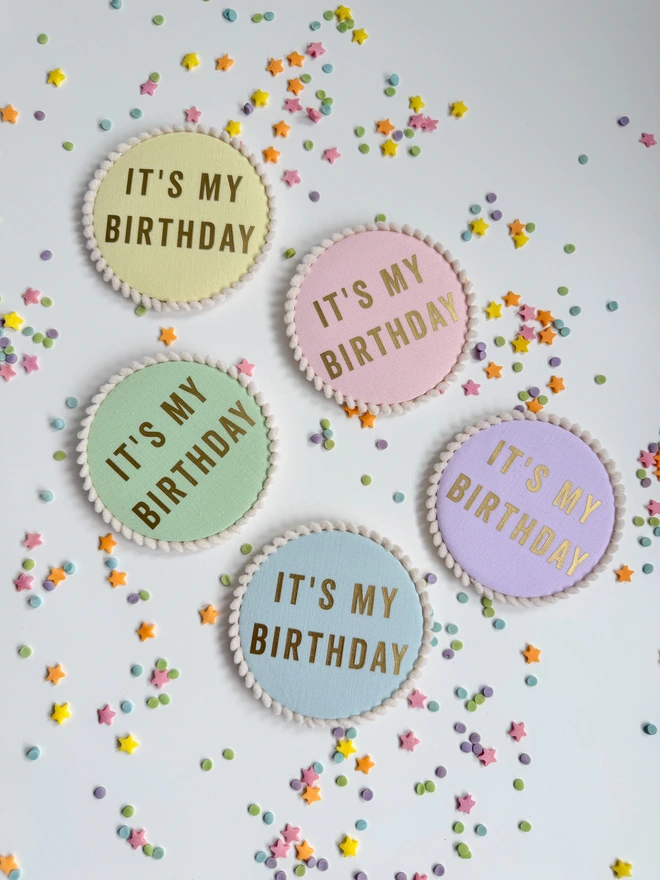 Pastel colour It's My Birthday Badges with pom pom trim