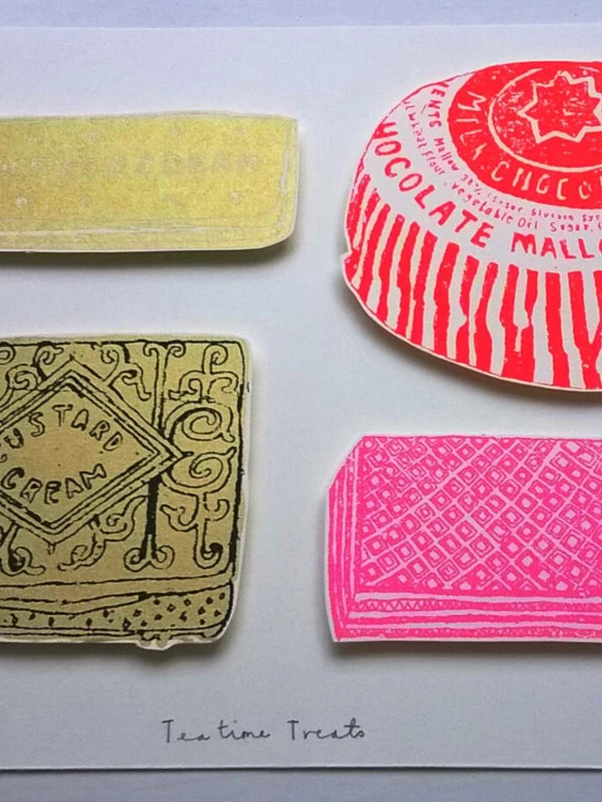 Tea Time Treats Screenprint, a group of colourful tea time treat designs on a white screenprint. 