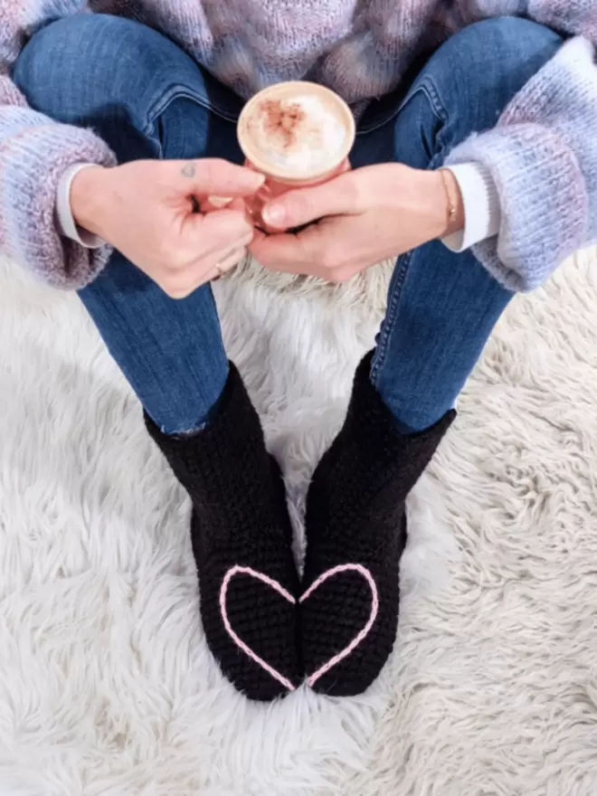 Black socks with pink heart