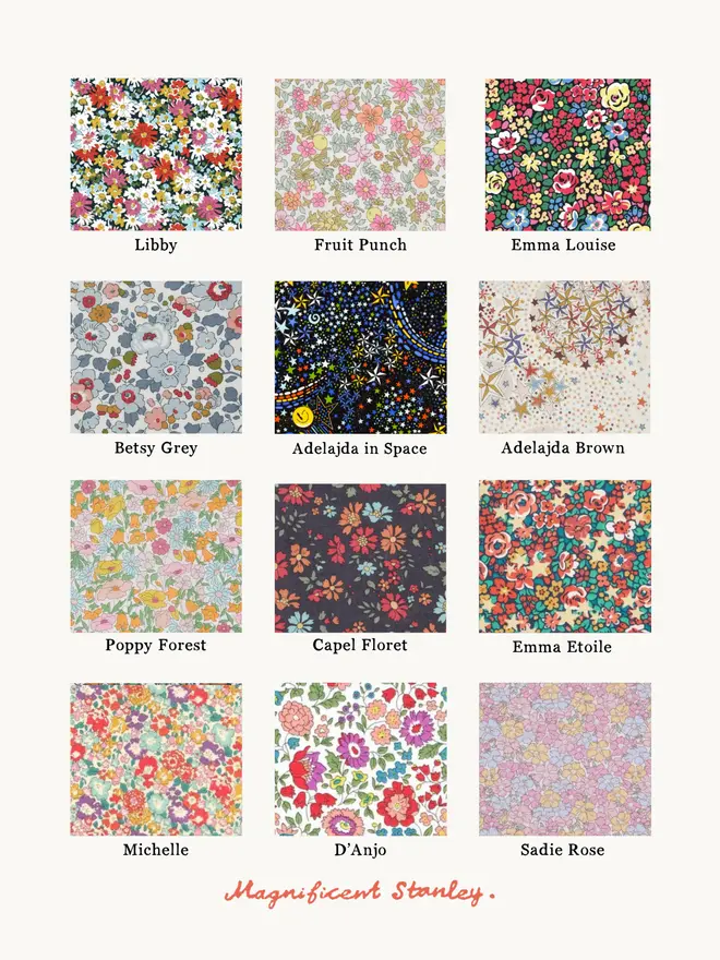 the choice of 12 Liberty Print swatches including floral prints, zoo animals, and cars