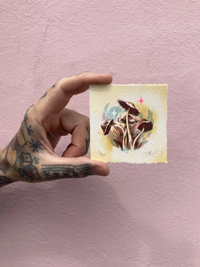 Miniature screenprint and watercolour painting of fungi called the fortune tellers by artist KATH LEONE
