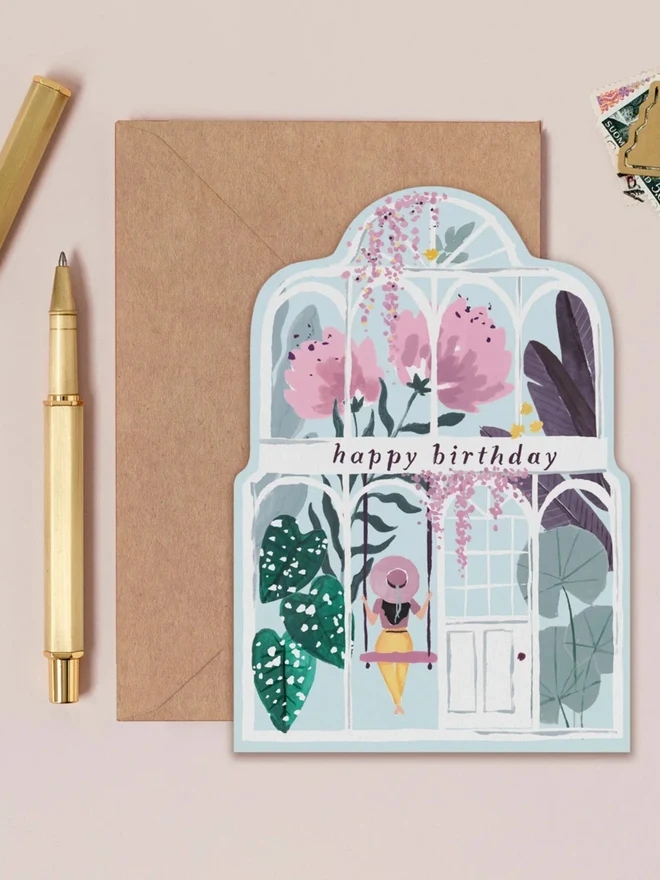Greenhouse Birthday Card with a kraft envelope, greenhouse-shaped birthday card with giant peonies