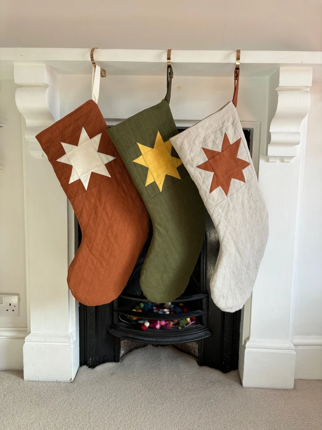 Large quilted linen Star Christmas Stockings in various colours