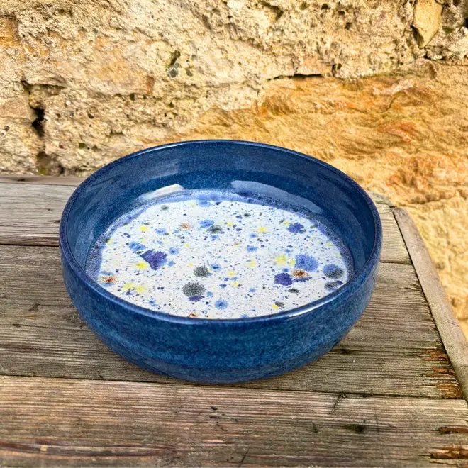 Shoreline Pasta Bowl, a colourful bowl placed on a wooden surface against a brick backdrop. 