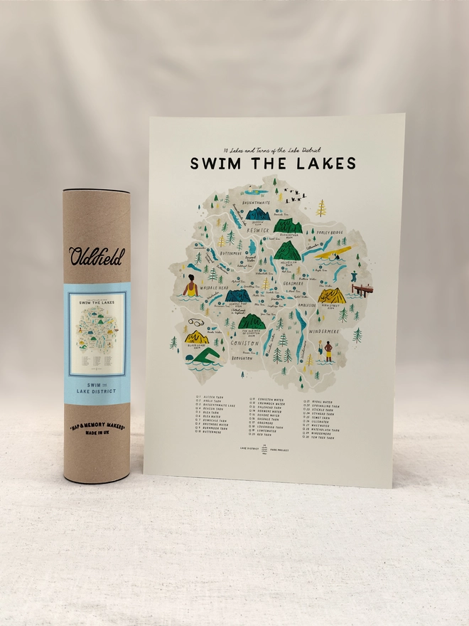 Swim the Lakes map print with tube packaging