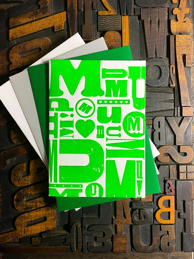 A deep impression letterpress printed mother's day card. Fluorescent green ink on traditional printed type blocks. Printed by hand on my 1915 Arab Crown Folio Press. Comes with a range of matching coloured envelopes.