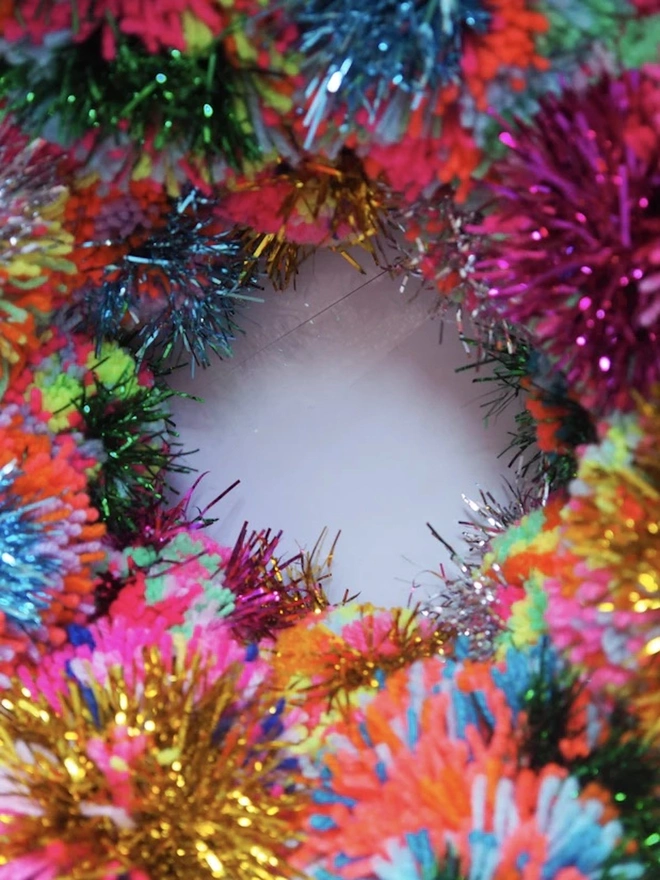 Rainbow Pom Pom Tinsel Wreath