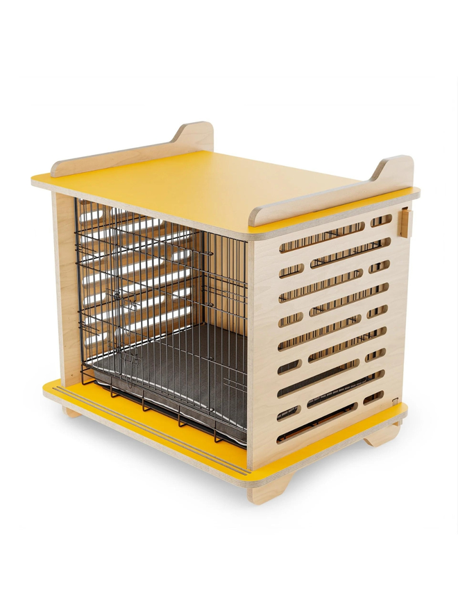 wooden dog crate side view with cushion and cage front