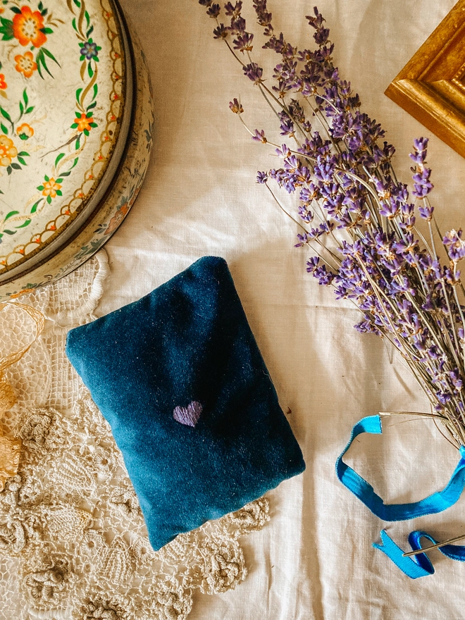 Handmade Velvet Lavender Bag with Embroidered Heart