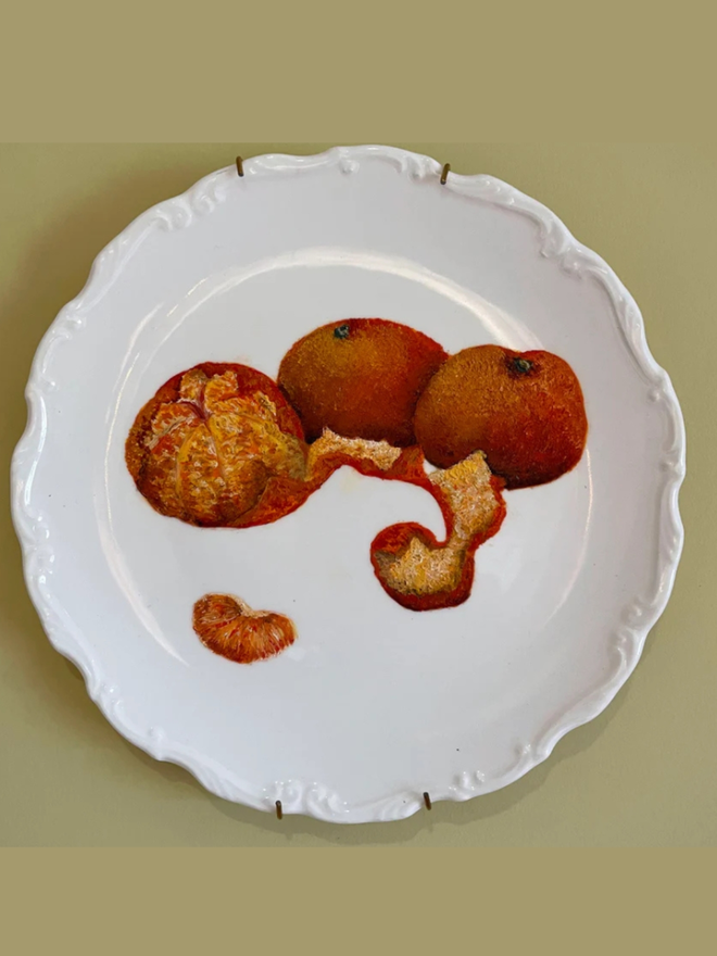 Three Mandarin Oranges Oil Painting On Ornate Antique Plate