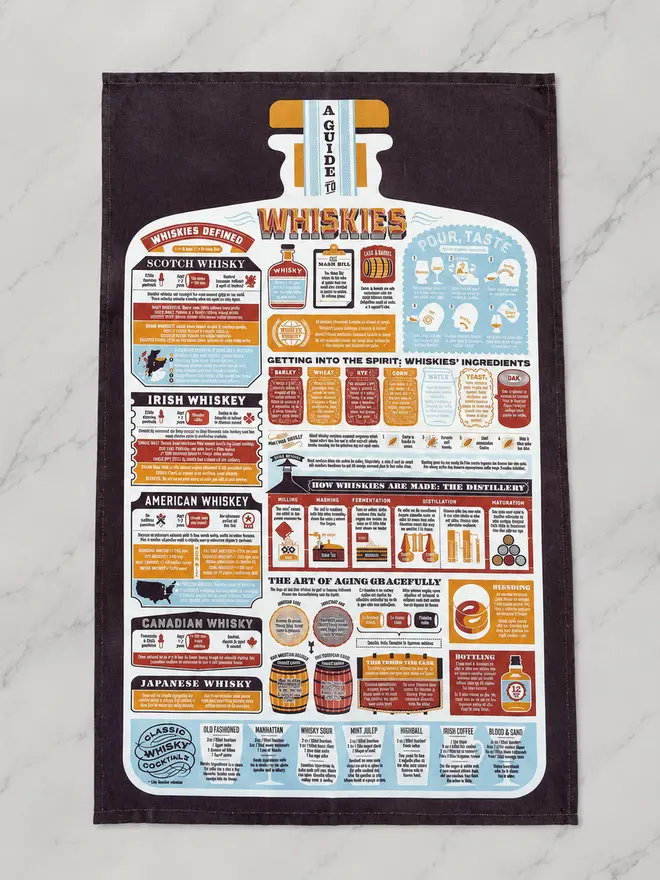 A Guide To Whiskies Tea Towel, against a white background. 