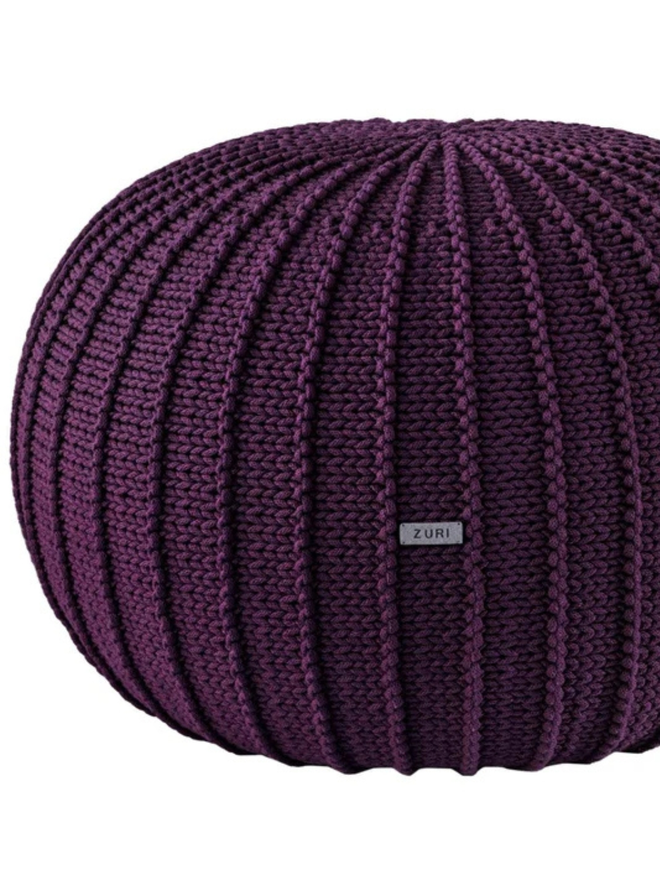 Zuri House. Large aubergine knitted pouffe.
