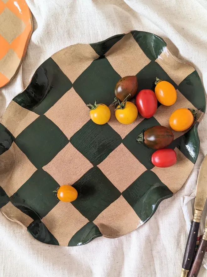 Green Wavy Oval Check Serving Platter