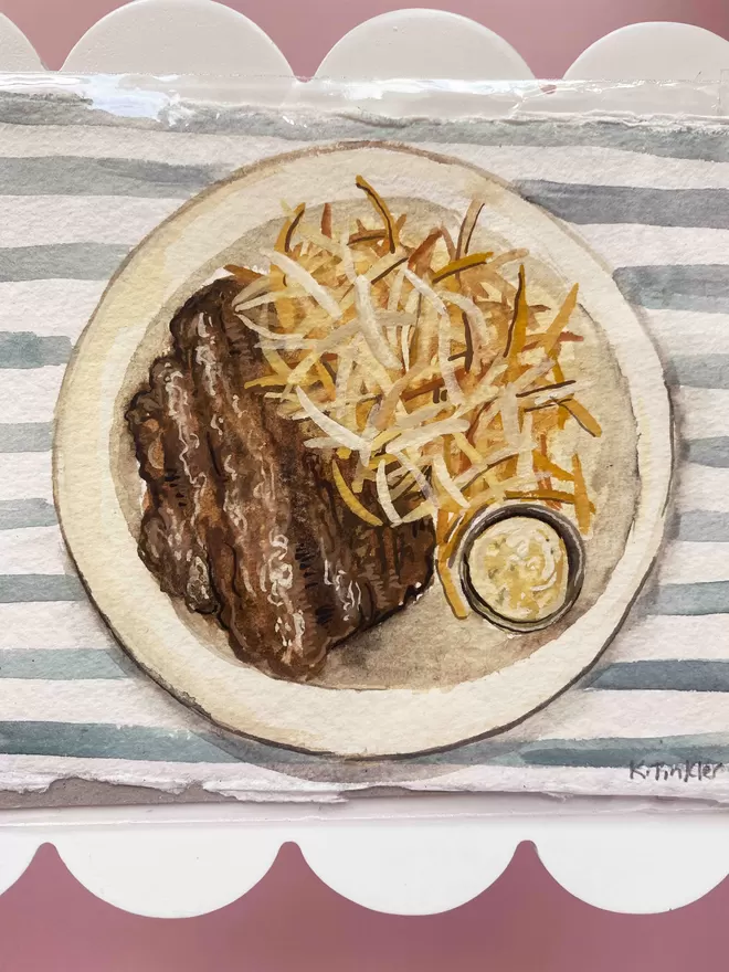 A painting of steak and chips on a striped background. The painting is small - A6 in size 