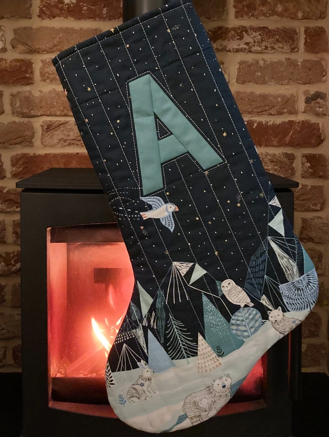 Cooper and Fred Personalised Quilted Christmas Stocking in Arctic Scene Border Print