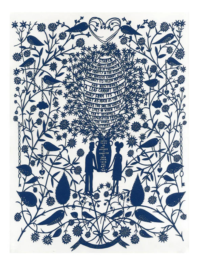'Why not us too?' blue lasercut. An intricate blue lasercut artwork on a white background, featuring a couple holding up a vase together with text and surrounded by leaves.