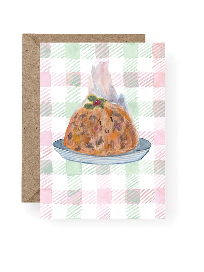 gingham background illustrated Christmas pudding card