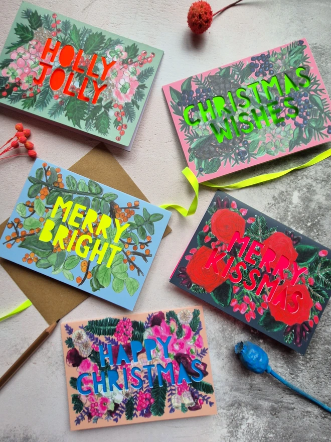Neon floral Christmas card pack