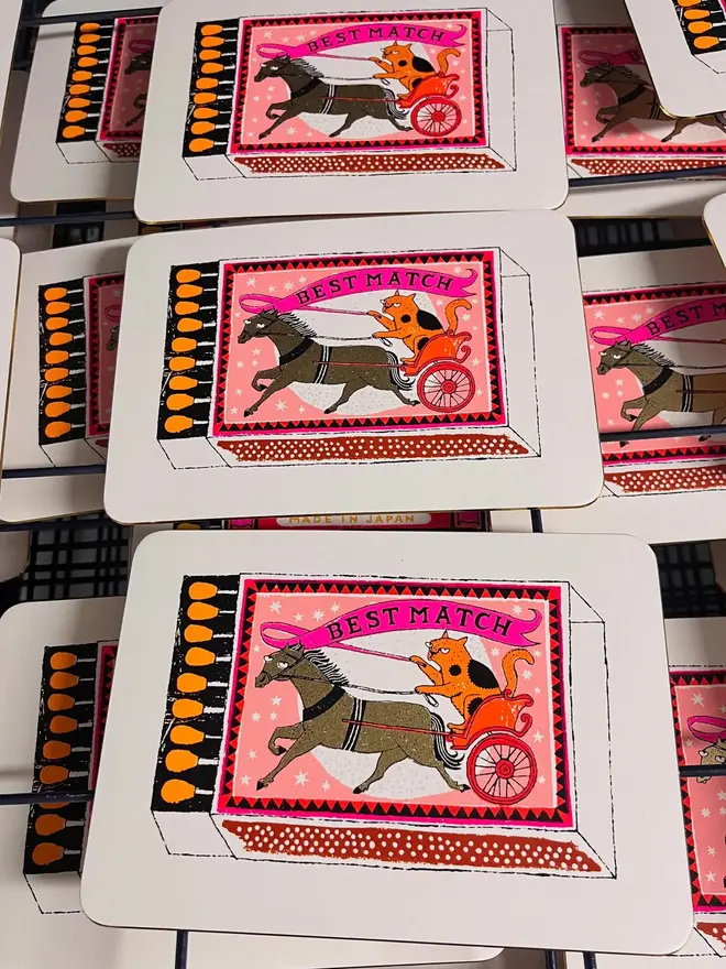 Cat And Horse Matchbox Screenprint Early Night Rider, a white screenprint with a match box design in the centre grouped together. 