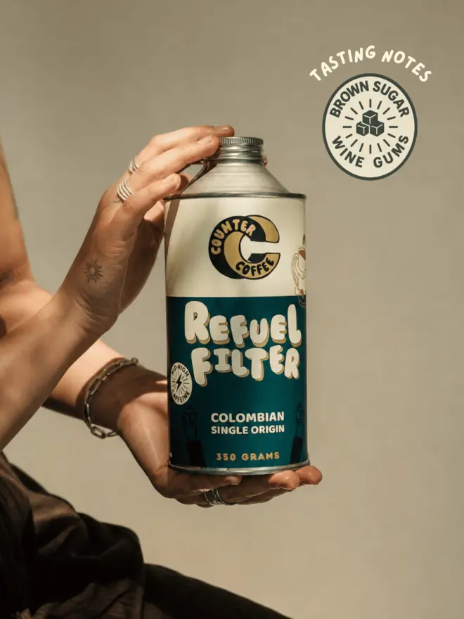 Refuel Filter. A tin of coffee beans from Counter Coffee.