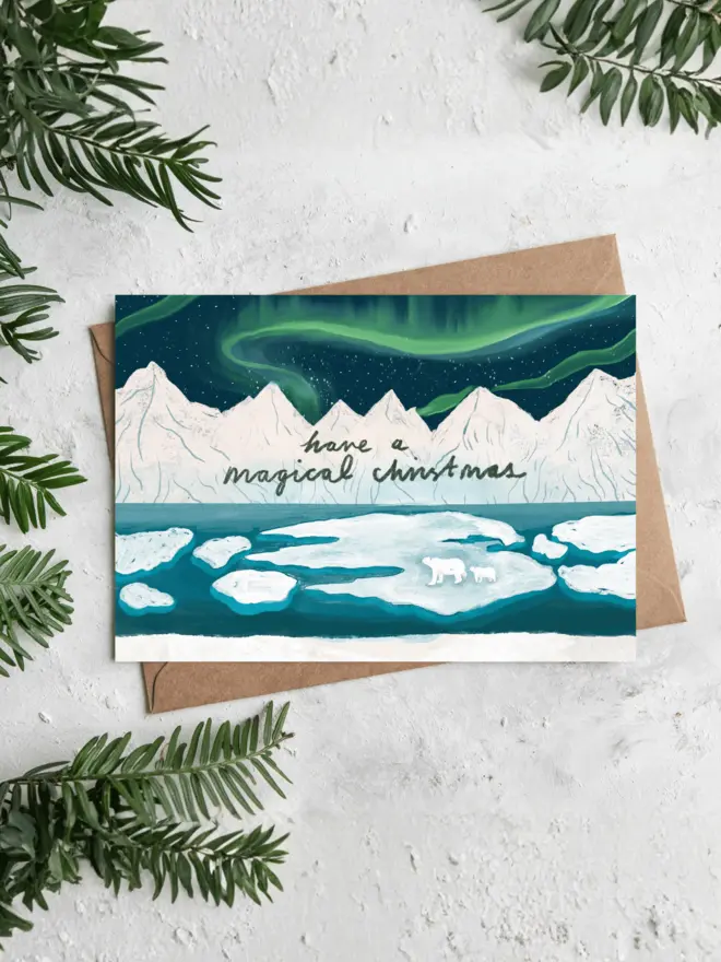 polar bears under the northern lights Christmas card