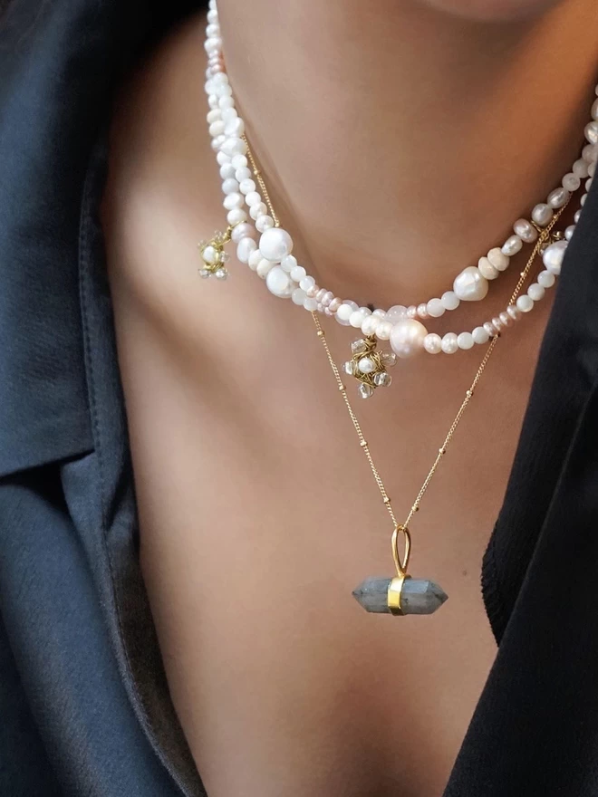 large stone is labradorite, hand cut semi precious crystal stone necklace on fine ball chain