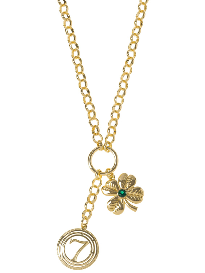 Gold belcher chain necklace with a lucky 7 charm and a lucky clover charm