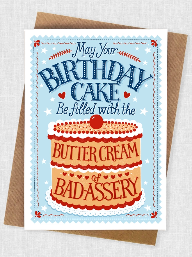 badass birthday card with yellow sponge cake and red and blue lettering
