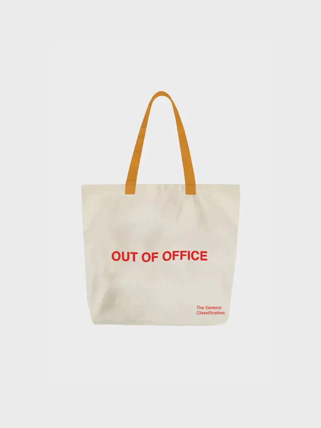 Out of office tote bag, against a white background. 
