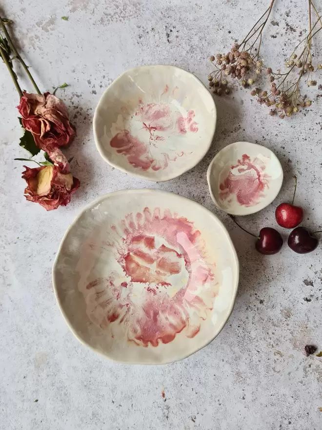 Set of 3 ceramic nesting bowls, pottery bowls, homeware,  tableware, gifts Jenny Hopps Pottery, Dream Catcher and Rose Pink