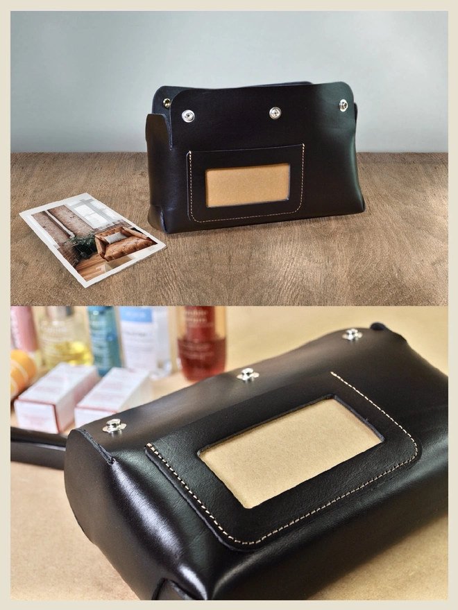 Black leather storage utility pouch