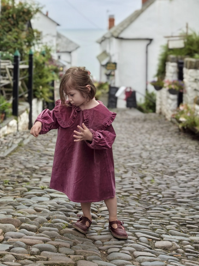 kids velvet dress with big frill collar rose