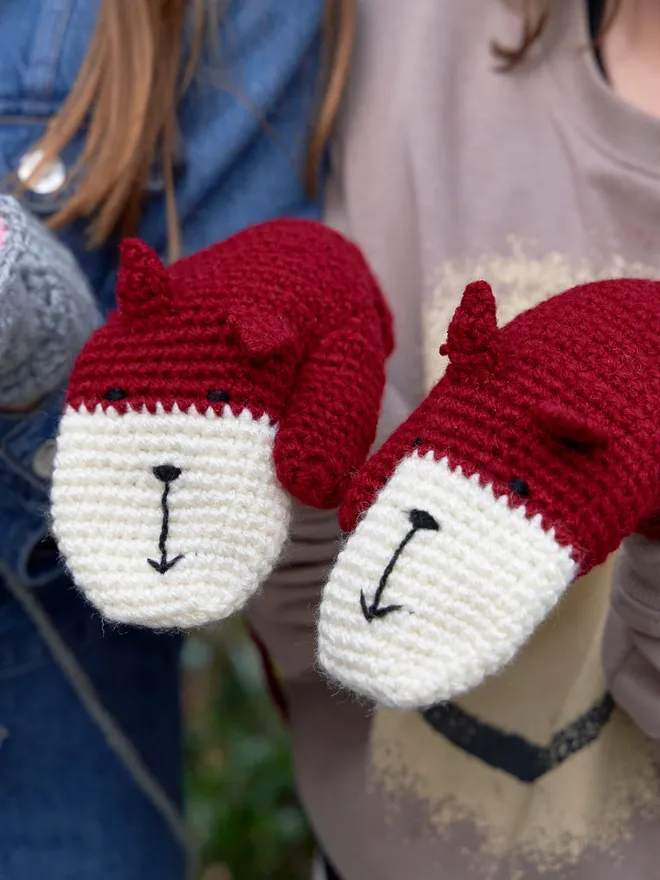 Hand knitted wolf kid's mittens