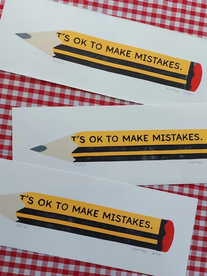 'Its Ok To Make Mistakes' Yellow Pencil Linocut 