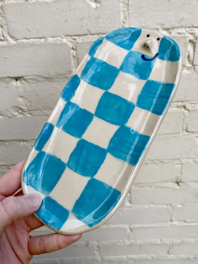 blue white check handmade ceramic tray