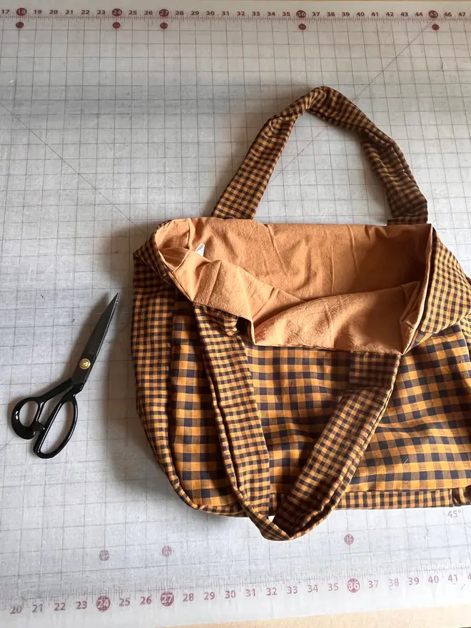 orange and black gingham tote bag