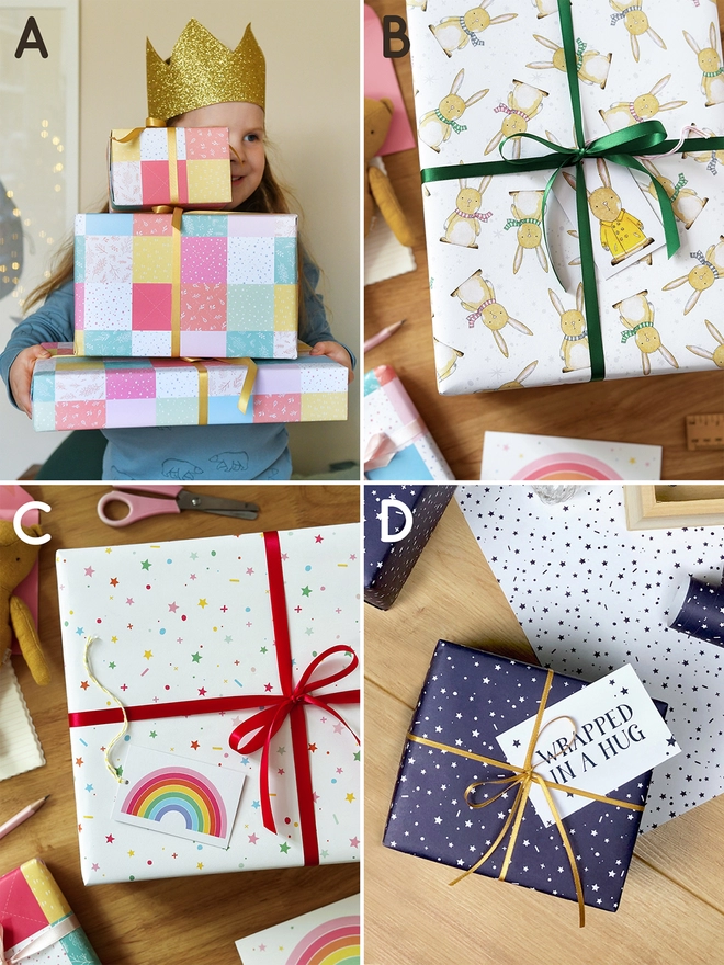 An image split into four sections, each one with a different gift wrap design. The designs in clockwise order are patchwork, baby rabbit, rainbow star, and navy stars.