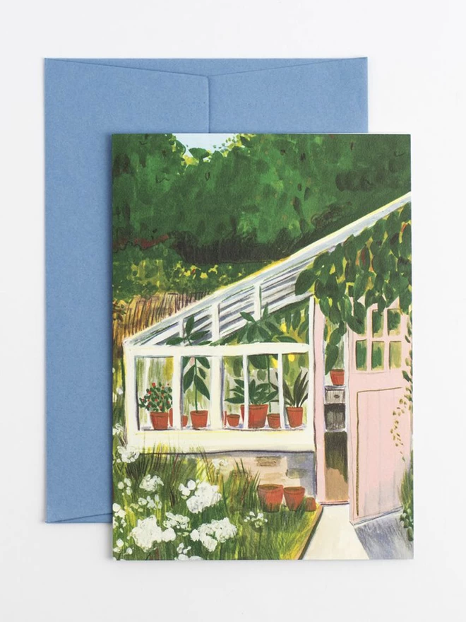 An illustrated greenhouse with an open peach door, the glasshouse is filled with lush plants and surrounded by trees.