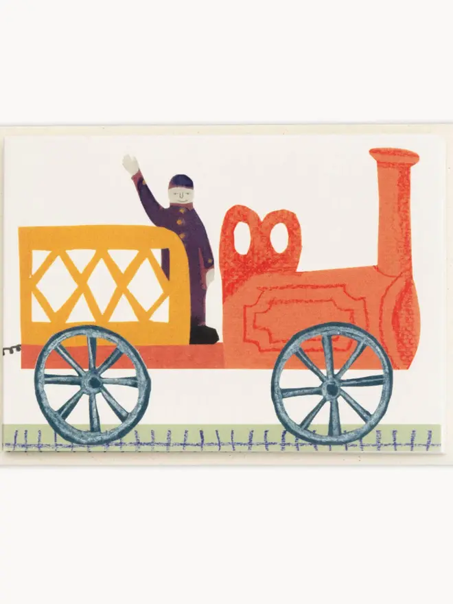 brightly coloured fold out train card