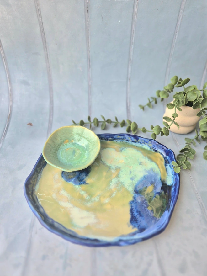 Ceramic serving set in cobalt blue and aqua green, serving set, dish, plate, Jenny Hopps Pottery