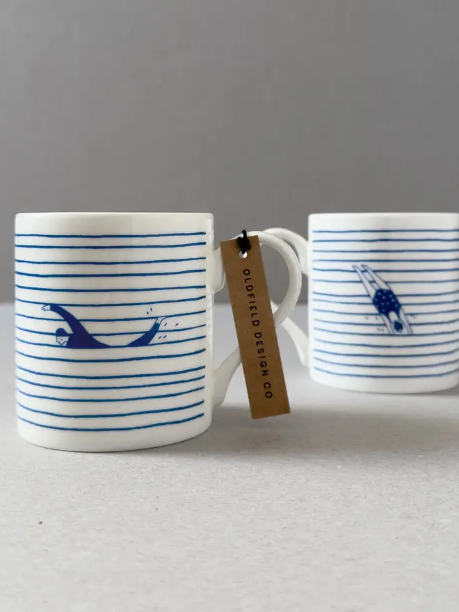 white blue stripe swimmer mug