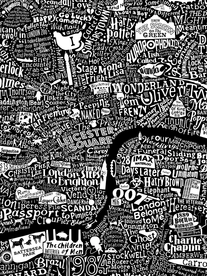 Close up details of the London Film Map by Dex