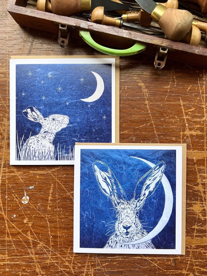hare and moon art card designs