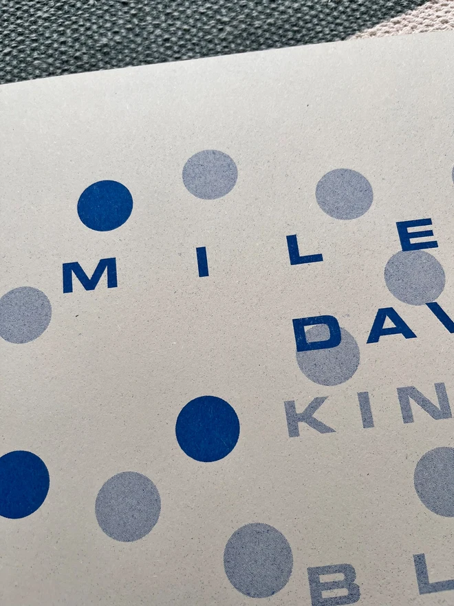 'Miles Davis' Kind Of Blue Risograph Print Jazz Poster, close up. 