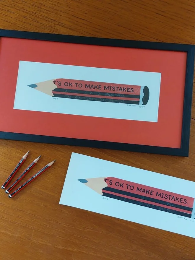 'Its Ok To Make Mistakes' Red Pencil Linocut 