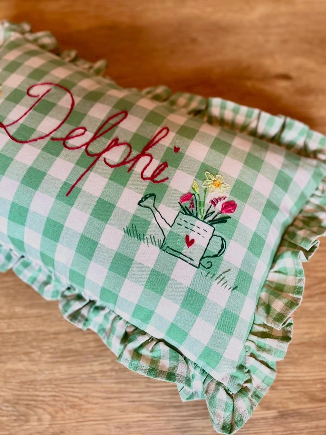Green gingham baby pillow 